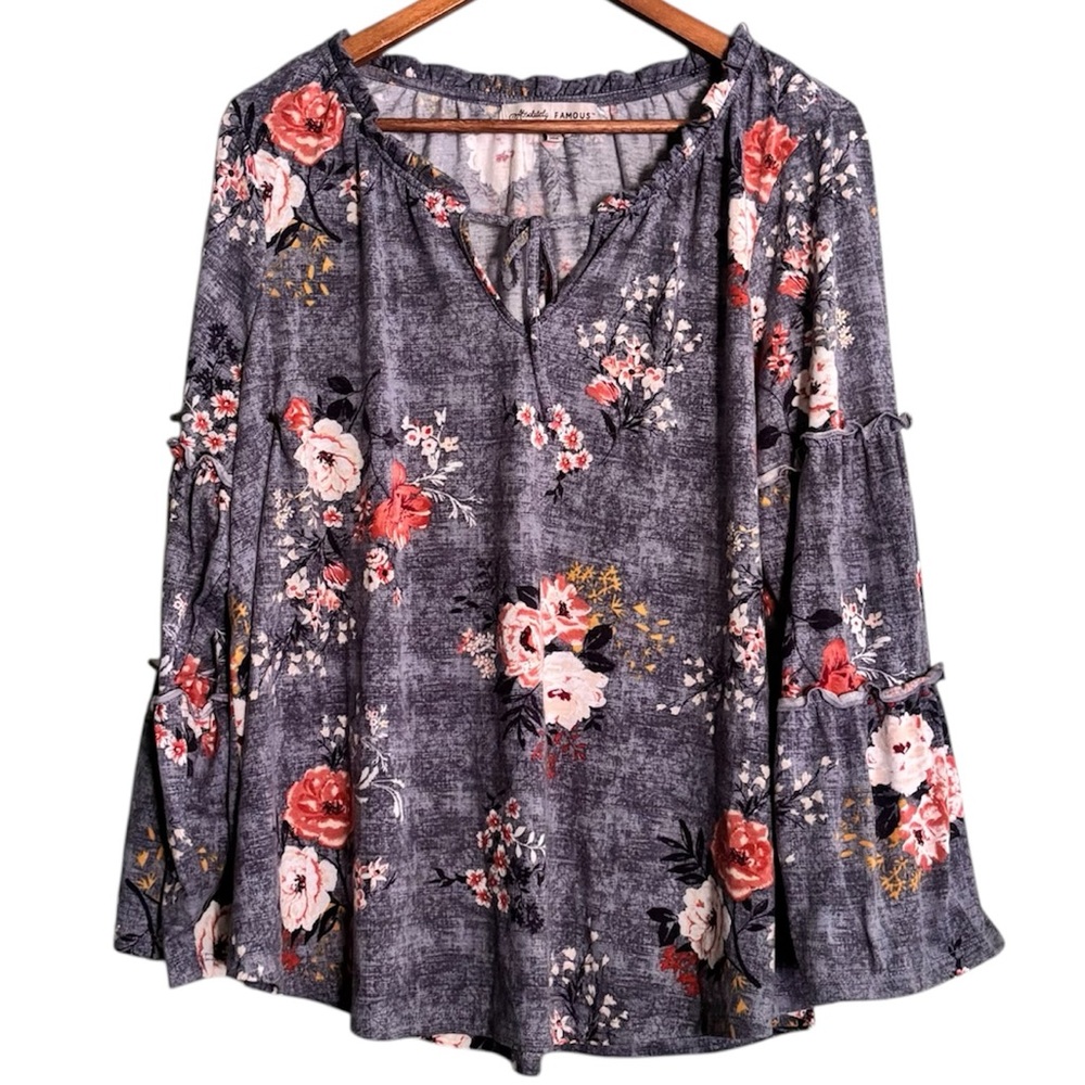 Absolutely Famous Bell Sleeve Floral Boho Peasant Blouse Size 1X